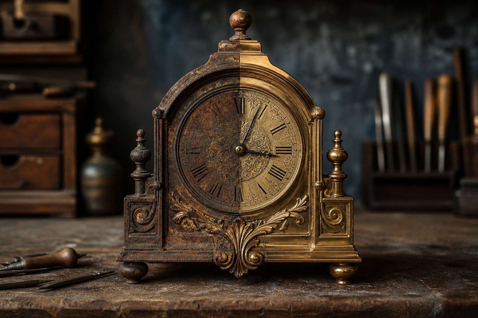 Before and after condition study of an antique clock restoration