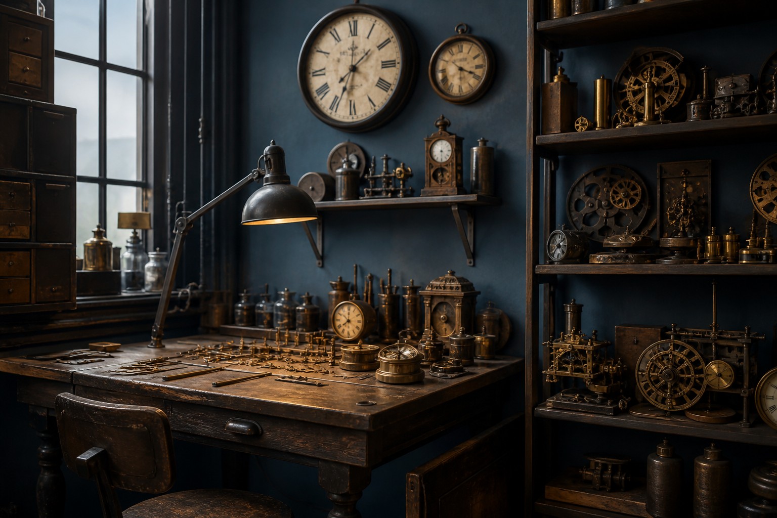 Vintage horology workshop interior with restored clocks